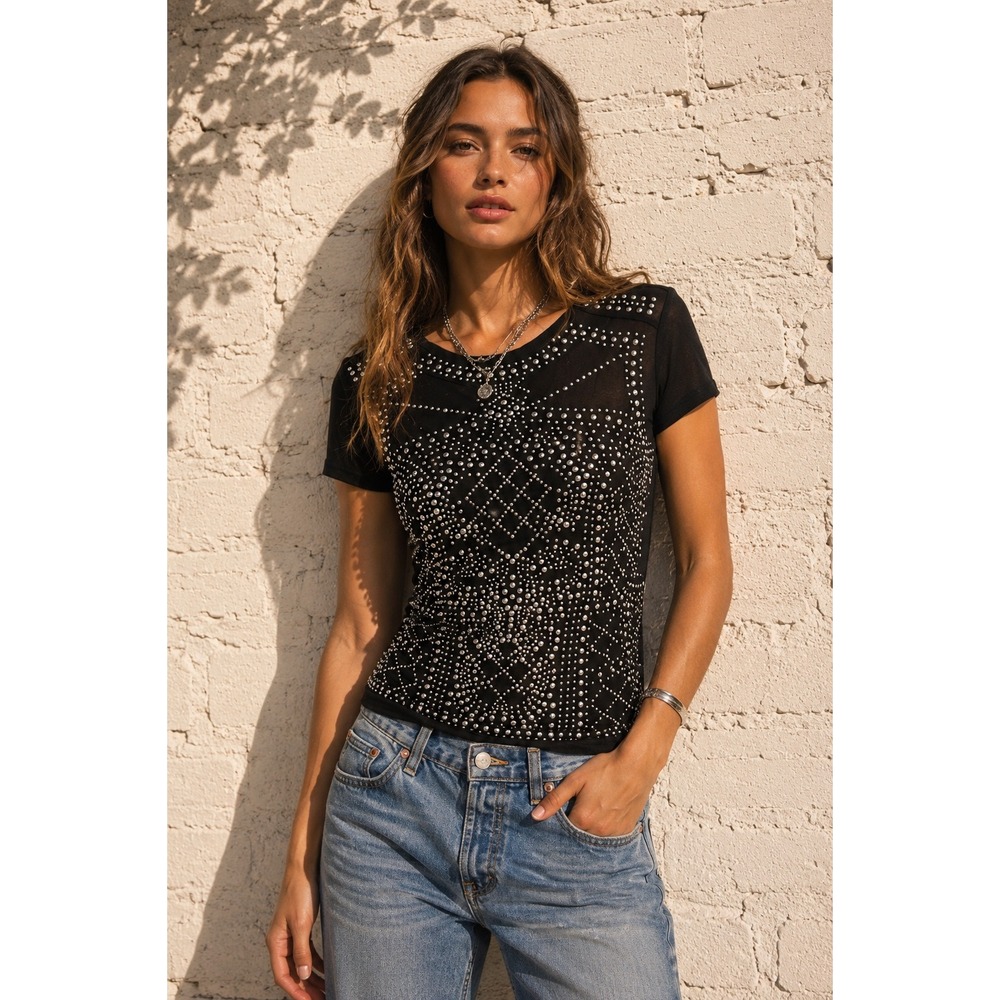 Y2K Black Rhinestone Studded Mesh Top Glam Club Going Out Tee M